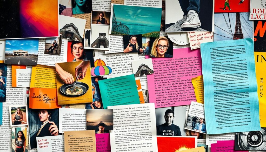 collage de fotos y texto impreso